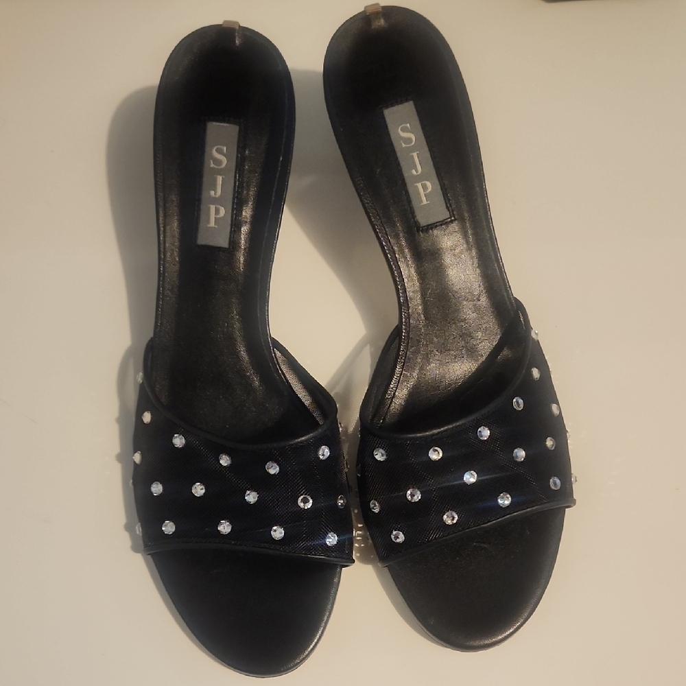 SJP Sarah Jessica Parker Black Rhinestone Embellished Mules Size 39 1/2